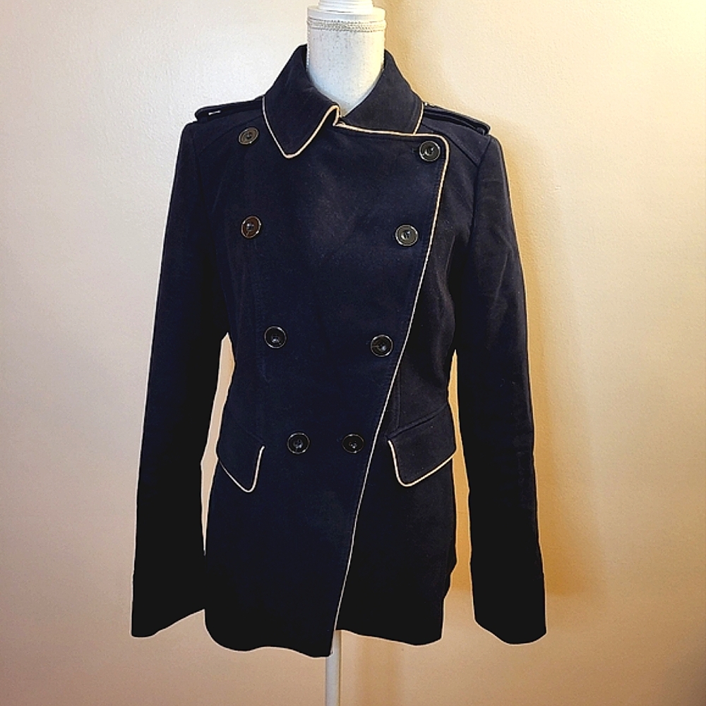 Karen Millen Riviera Revolution Navy Double-Breasted Cotton Peacoat Size 10